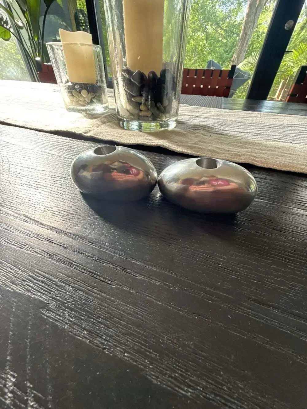 Set of 2 Pottery Barn Mid-Century Modern Style Polished Metal Pebble Candle Hold